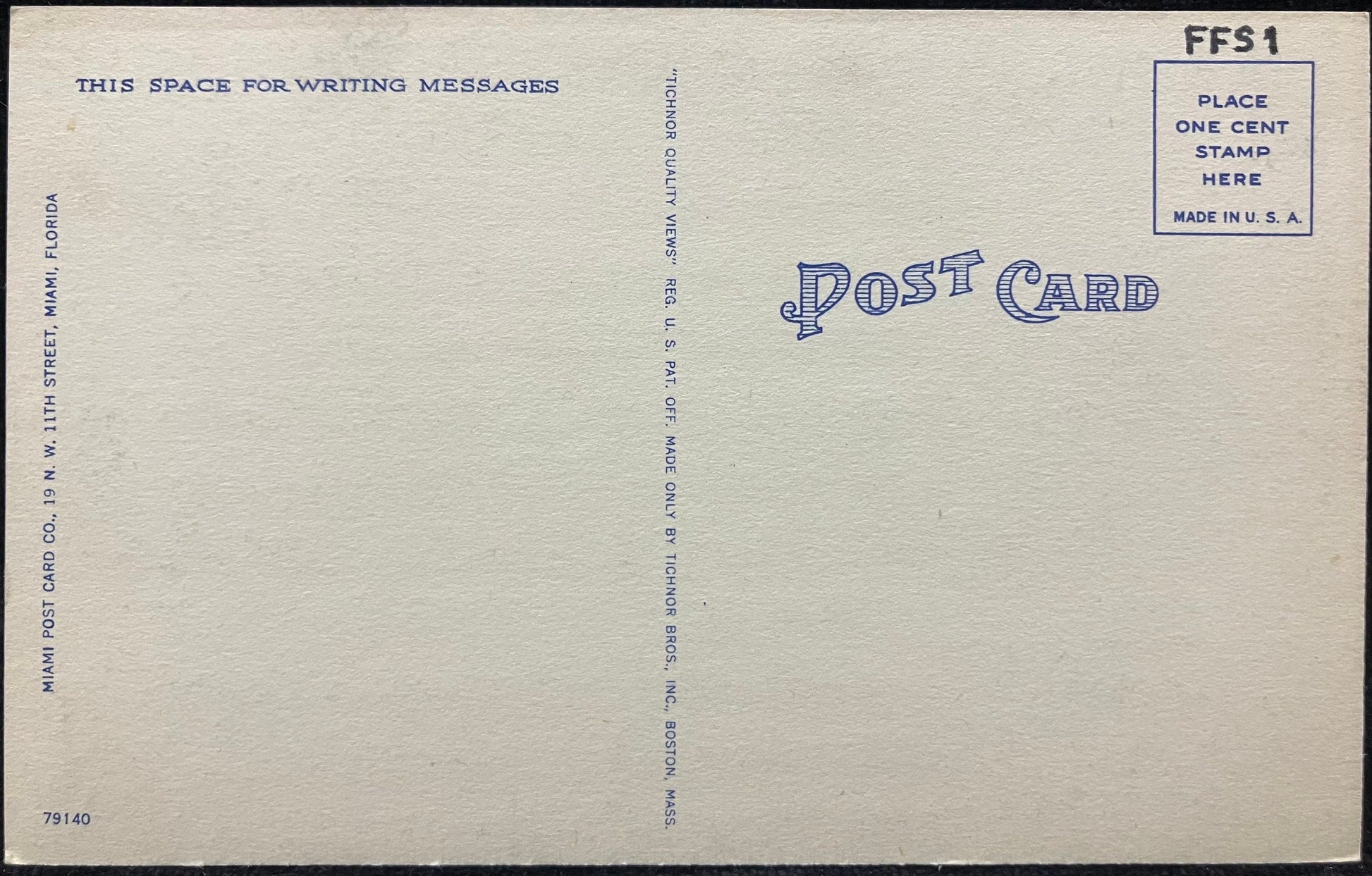 41st Street Bridge over Indian Creek, Miami Beach, Florida - Linen Bridge Postcard. Back. no handwriting, stamp or postmark.