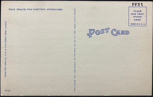 41st Street Bridge over Indian Creek, Miami Beach, Florida - Linen Bridge Postcard. Back. no handwriting, stamp or postmark.