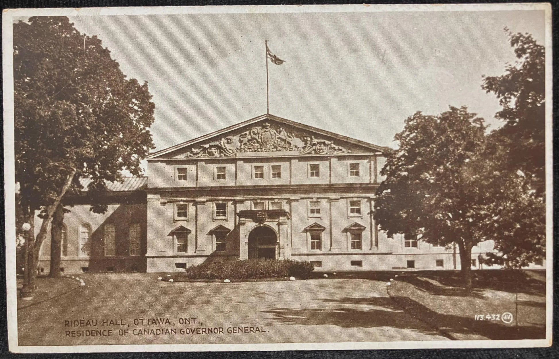Black and white postcard of Rideau Hall, Ottawa, Ont. Residence of Canadian Governor General. 