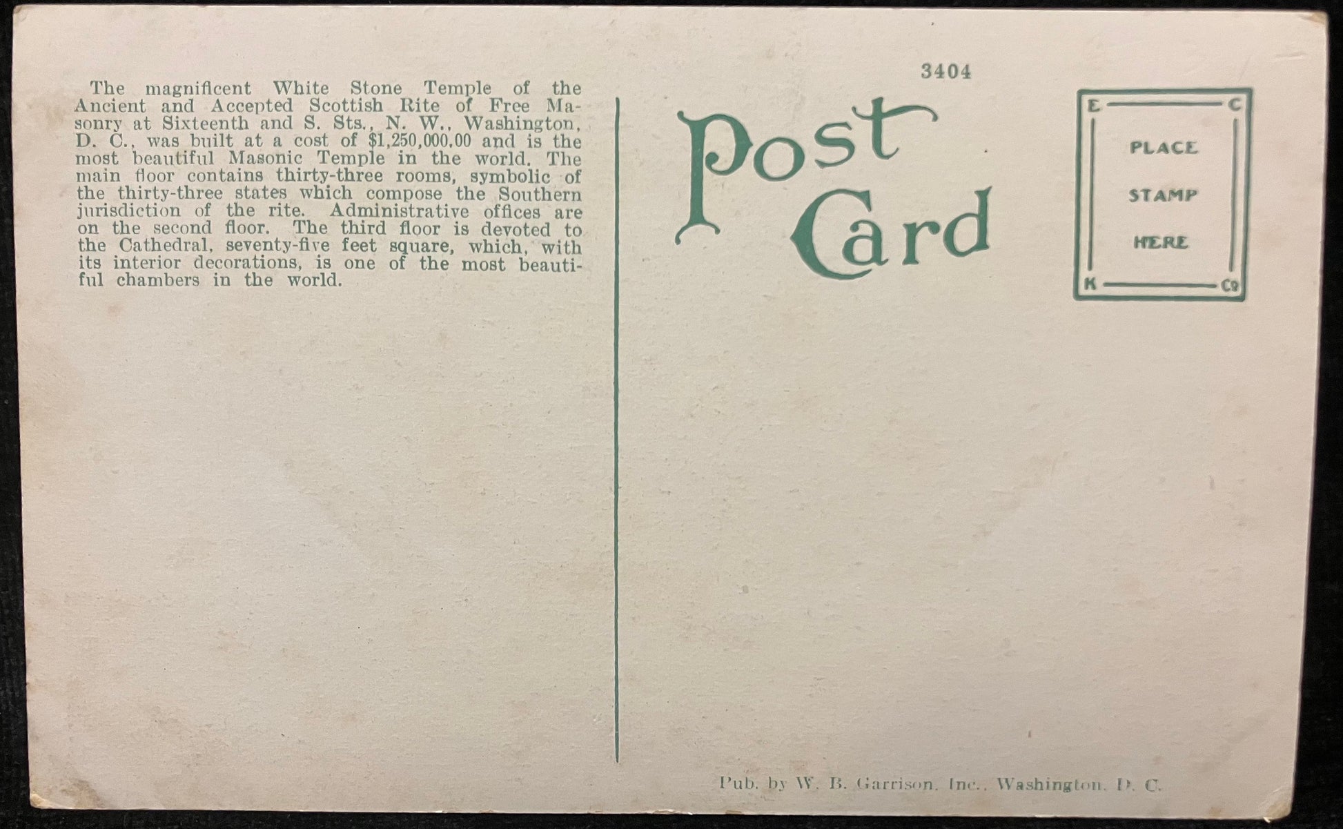 Postcard Template of Scottish Rite, Washington DC, back. No handwriting, stamp, or postmark