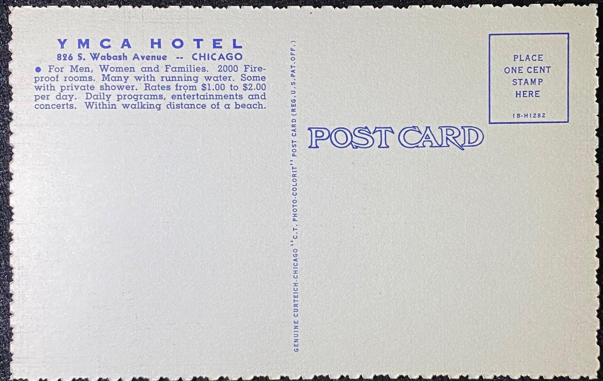 A linen postcard with unique edges depicting the roof garden at the YMCA Hotel in Chicago, Illinois. The YMCA holds many events, such as social and educational events. The postcard shows many events at the YMCA, such as a sporting event and leisure events. Back Text: "YMCA Hotel 826 S. Wabash Ave. - Chicago A Home Away From Home For Young Men and Women 2000 rooms located in downtown Chicago Convenient to all transportation Program activities including, Social, Educational, and Religious Events."
