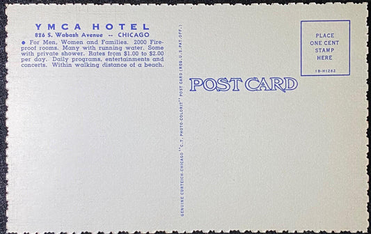A linen postcard with unique edges depicting the roof garden at the YMCA Hotel in Chicago, Illinois. The YMCA holds many events, such as social and educational events. The postcard shows many events at the YMCA, such as a sporting event and leisure events. Back Text: "YMCA Hotel 826 S. Wabash Ave. - Chicago A Home Away From Home For Young Men and Women 2000 rooms located in downtown Chicago Convenient to all transportation Program activities including, Social, Educational, and Religious Events."