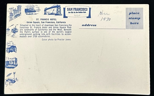 St. Francis HotelBack Information: St. Francis Hotel - Union Square, San Francisco, California - Situated in the heart of downtown San Francisco, the luxurious St. Francis Hotel and Union Square Park are landmarks of California and the West, Beneath the Park's surface is one of the world's largest underground parking lot with facilities to accommodate over 1700 automobiles. - Color Photo by Proctor JonesCondition: Good, slight bending, the edges are slightly frayed, and the front and the back of