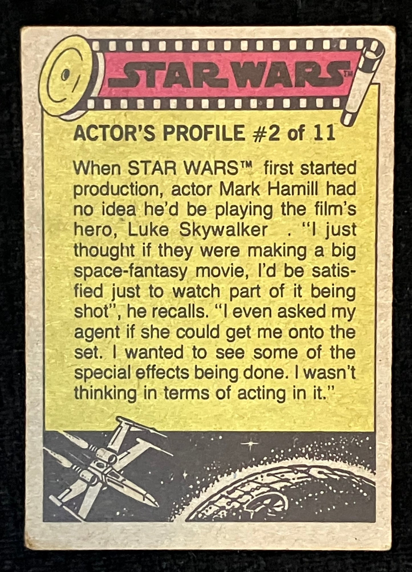 Back: Star Wars actor's profile card with text on Mark Hamill (Luke Skywalker) and space-themed graphics