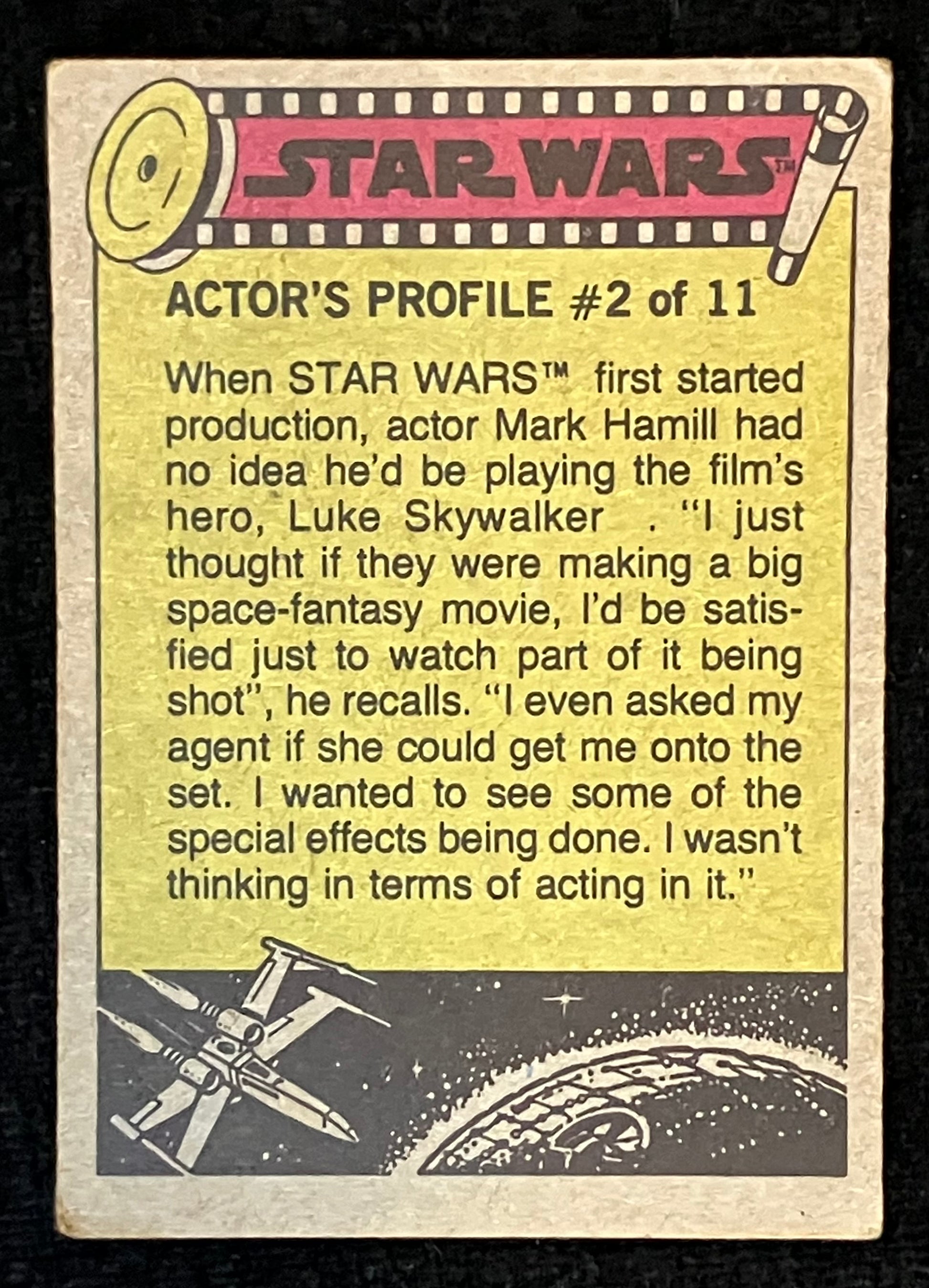 Back: Star Wars actor's profile card with text on Mark Hamill (Luke Skywalker) and space-themed graphics