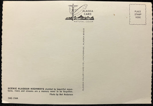 Front: The Alaska Highway winding in and winding out fills my mind with serious doubt as to whether “the lout” who planned this route was going to hell! or coming out!Back: Scenic Alaskan Highways studded by beautiful mountains, rivers, and streams, are a memory never to be forgotten.Unmailed: Condition: Great with slight aging around the edges Publisher: Alaska Color Card Co. Color print