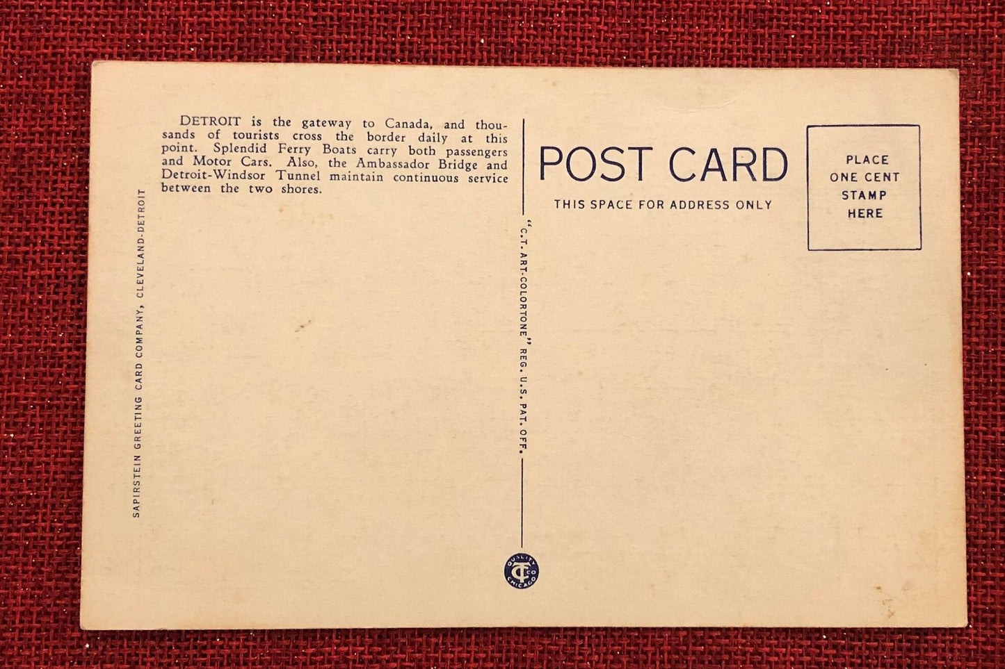 This postcard showcases the bridge, tunnel and ferry that are available to take from Detroit, Michigan to Windsor, Canada and back. Produced by Sapristein Greeting Card Company in Cleveland-Detroit, this art-colortone postcard shows the gateway to Canada, where thousands of tourists pass each day. This postcard captures what the the bridge and ferry looked like back in the 30's. The card is in excellent condition.