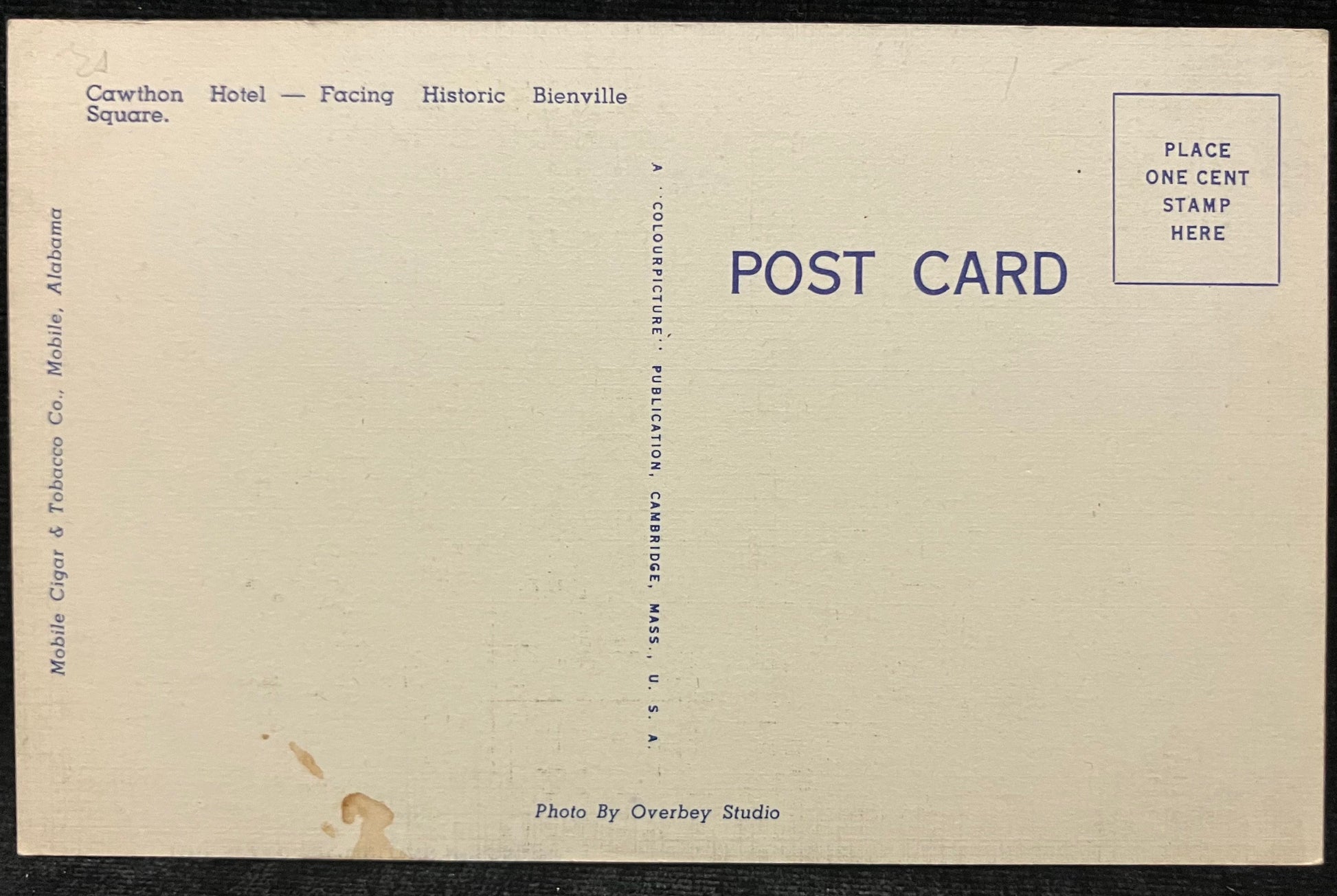 On front: The Cawthon Hotel, Mobile, AlabamaOn back: Cawthon Hotel - Facing Historic Bienville Square. UnmailedCondition: Good with some aging around the edges and small stains on the back Publisher: Mobile Cigar & Tobacco Co. Color linen