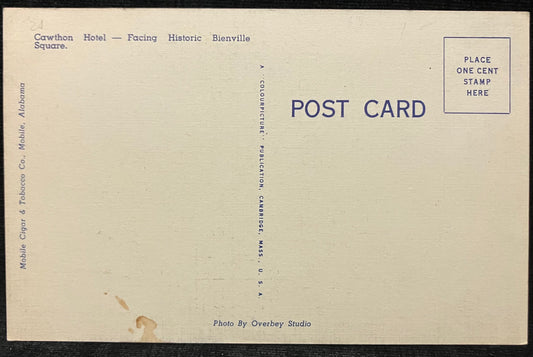 On front: The Cawthon Hotel, Mobile, AlabamaOn back: Cawthon Hotel - Facing Historic Bienville Square. UnmailedCondition: Good with some aging around the edges and small stains on the back Publisher: Mobile Cigar & Tobacco Co. Color linen