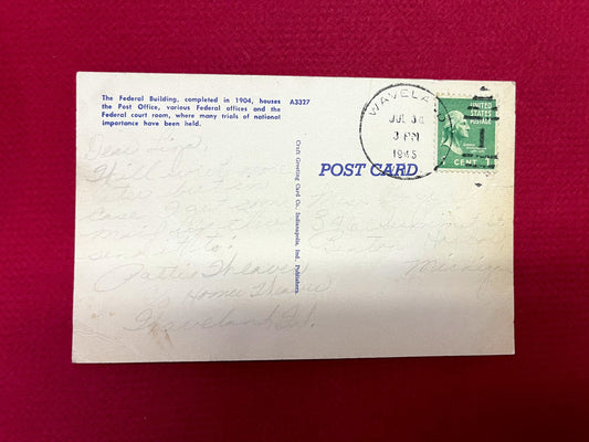 Featuring the Indianapolis, Indiana U.S. Post Office, this postcard has a small amounts of wear on the corners and has some ink residue on the front, as seen in the picture. Back Text: "The Federal Building, completed in 1904, houses the Post Office, various Federal offices and the Federal court room, where many trials of national importance have been held."Postmark: July 30, 1945 - Waveland, INPublisher: Craft Greeting Card Co., Indianapolis, Ind. Union Station, Kansas City, Missouri Linen Post