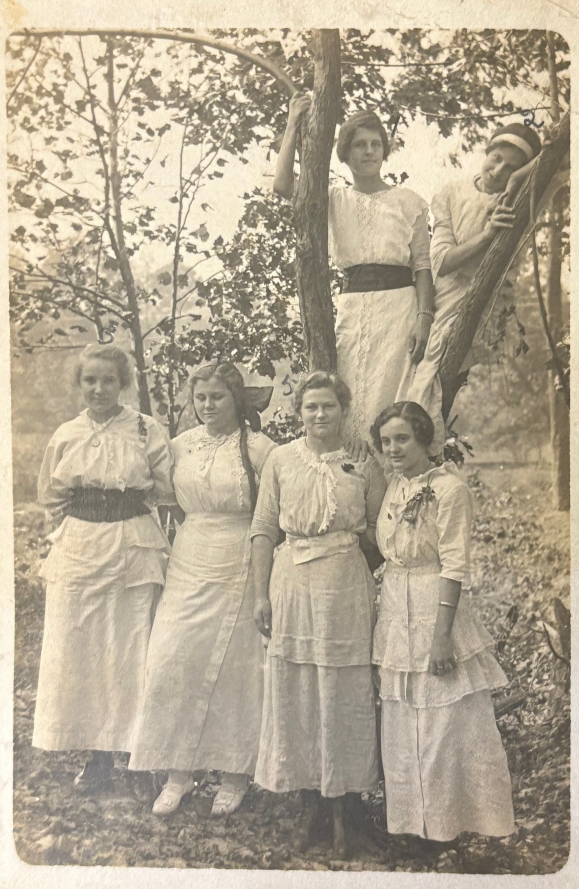 Group of women in vintage attire standing outdoors with trees in the background